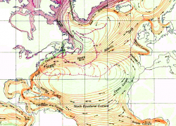 The North Atlantic Gyre, a clockwise-swirling vortex of ocean currents in the Northern Atlantic Ocean