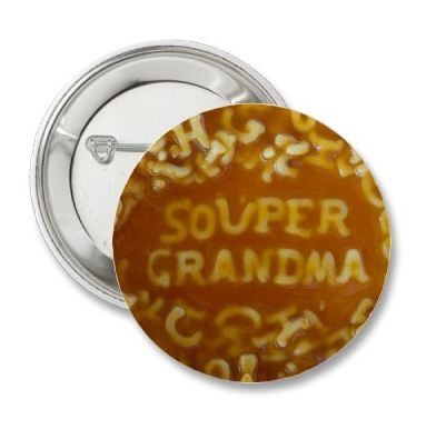 Different size round and square pins with noodle messages.