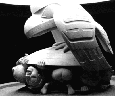 This carving of Raven was carved by Bill Reid. It portrays the story of how Raven coaxed the first men out of a giant clam shell