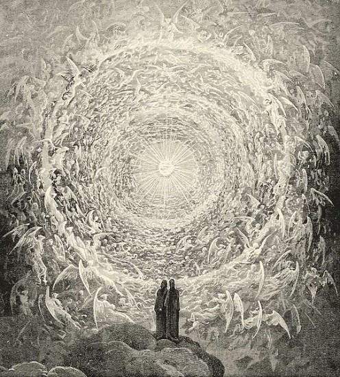 Dante and Beatrice gaze upon the highest Heaven (The Empyrean); from Gustave Doré's illustrations to the Divine Comedy, Paradiso Canto 31. 