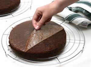 Line pan with wax paper and peel off after removing cake from pan