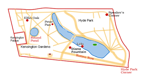 Basic layout map of Hyde Park and Kensington Gardens