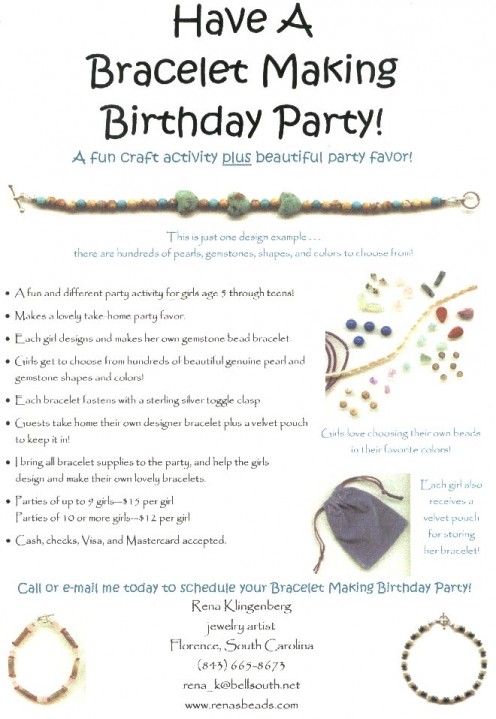 My flyer for bracelet birthday parties