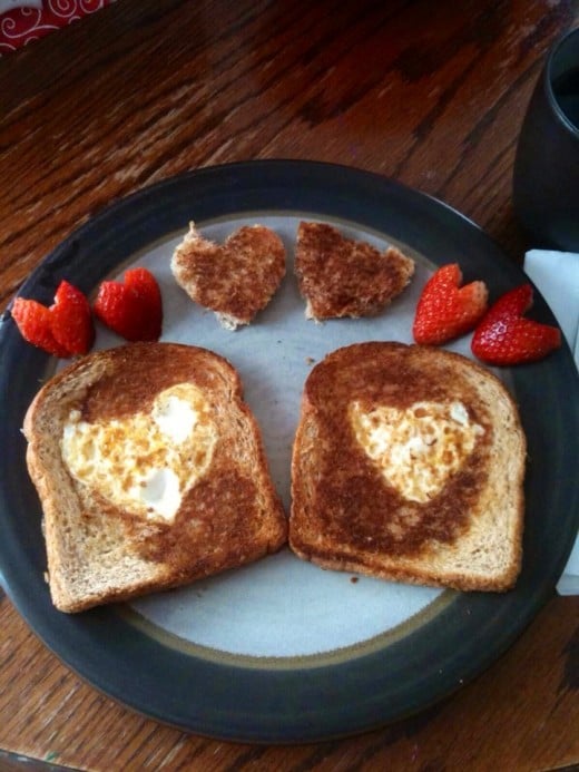 Valentine's breakfast made for my husband with free-handed hearts cut out of the bread.  
