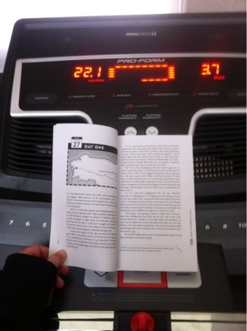This is me on the treadmill for my daily(-ish) workout. I found this book so un-put-down-able that I had to keep reading it. I don't usually bring books with me on the treadmill unless they are audio books, and this is so far the only exception.