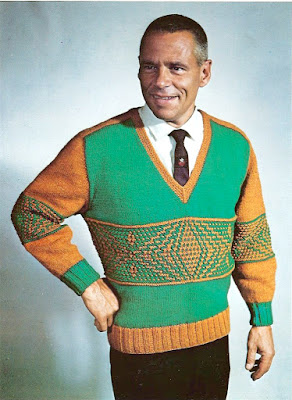 This is another original photo from the book. Though the colors are eye-hurting, if you analyze the design, you'll see this is a set-in sleeve V neck , with waist shaping, knitted in one piece, from the neck down. Wow!