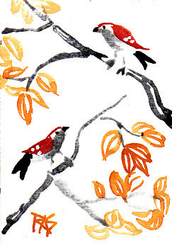 "Two Birds," 2 1/2" x 3 1/2" watercolor painting in an Asian style, by Robert A. Sloan