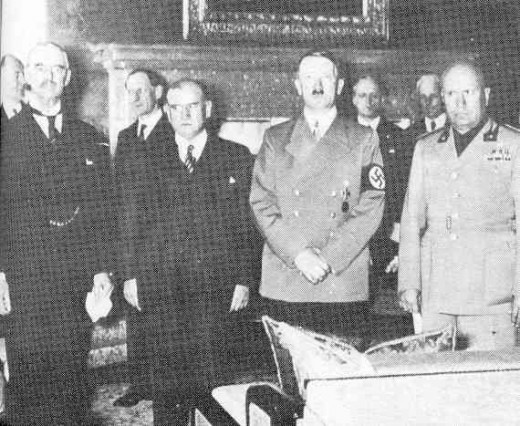 British Prime Minister Neville Chamberlain, French Prime Minister Edouard Daladier, Hitler and Mussolini at Munich, 1938