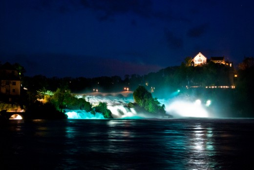 Photo of the Rhine Falls taken at night