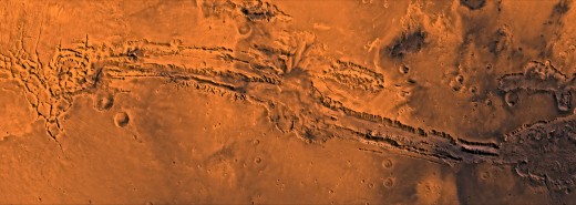 Long shot of the canyon on Mars.