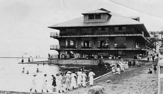 Most of the park's shoreline was rocky, so a swimming pool and a children's wading pool were built. In between them rose the magnificent Casino. A bath house occupied the first floor. A bowling alley, dance hall, and restaurant occupied the other flo