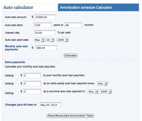 The refinance car loan calculator input screen