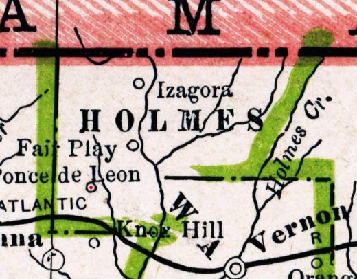 1886 map of the area showing Ponce de Leon.  Alabama is shown in red.   credit:  collection of Mr. Roy Winkleman