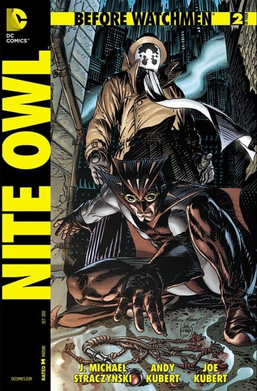 Nite Owl #2. Rorschach and Nite Owl continue patrolling the streets, but after chasing a villain, enter a room where perverted sex acts are underway. Before Rorschach can beat the dominatrix, Nite Owl knocks him down and the two split up. The issue t