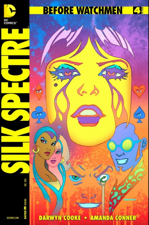 Before Watchmen: Silk Spectre #4. Laurie reads the contrived note from her boyfriend and goes into a bout of depression. Meanwhile, Hollis is still searching for her and manages to meet her friends and stop two female enforcers dispatched to take her