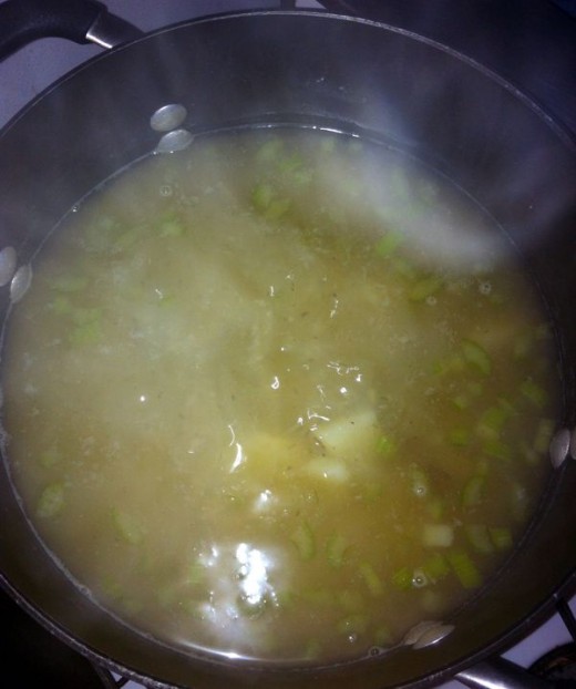 After the potatoes have cooked at least 25 minutes, I added the diced celery. Look at that steam!