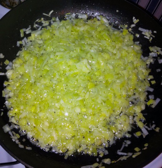 Thinly sliced leeks and garlic all sauteed.