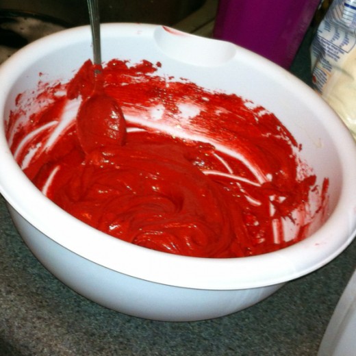 The red velvet batter ~ all mixed up and ready to go!