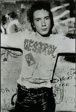 Johnny Rotten wearing a Westwood-designed "Destroy" T-shirt, echoing Rotten's yawp at the end of "Anarchy in the U.K. Courtesy of Wikipedia