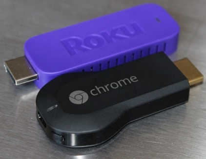 The Roku Streaming Stick and Google Chromecast side by side. 