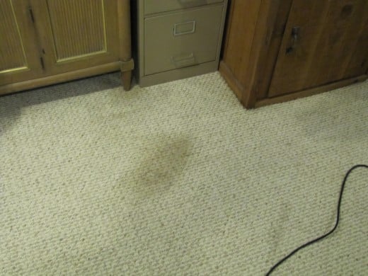 Carpet stain worsened by use of a soap based spray. The soap attracted dirt and made a dark mark in the carpet.