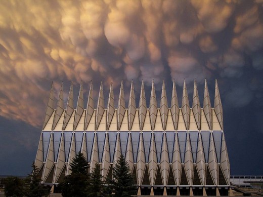 Mammatus clouds over the US Air Force Academy chapel.