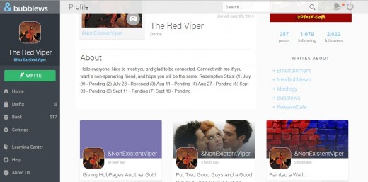 Bubblews interface has changed a lot since July. This is the new profile page.