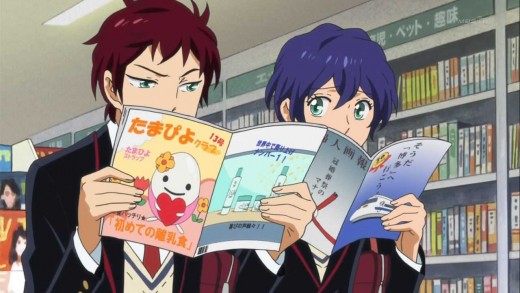 The contrast in the personalities of Kanba and Shouma is also evident in their physical appearance, such as Shouma's ridiculous eyelashes and large eyes being complementary of Kanba's "sharp" eyes.