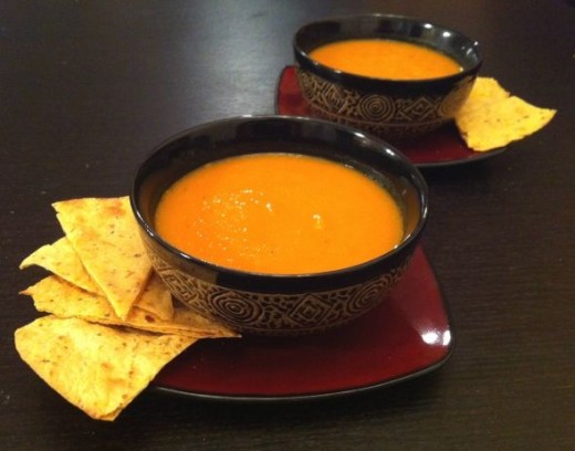 Carrot Sweet Potato Soup with toasted tortilla
