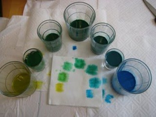 The Dyes used, pre-assembled and swatched out on a paper towel.