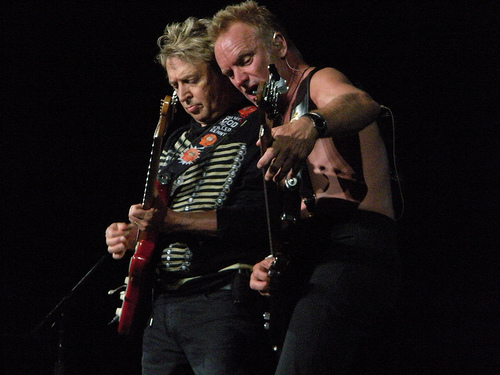 Sting and Andy Summers on stage during the final Police concert of the Reunion Tour, August 7, 2008.