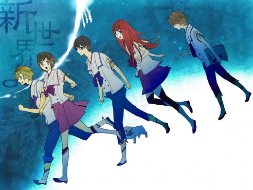 The main cast of Shin Sekai Yori. From left to right: Satoru Asahina, Saki Watanabe, Shun Aonuma, Maria Akizuki, and Mamoru Itou.