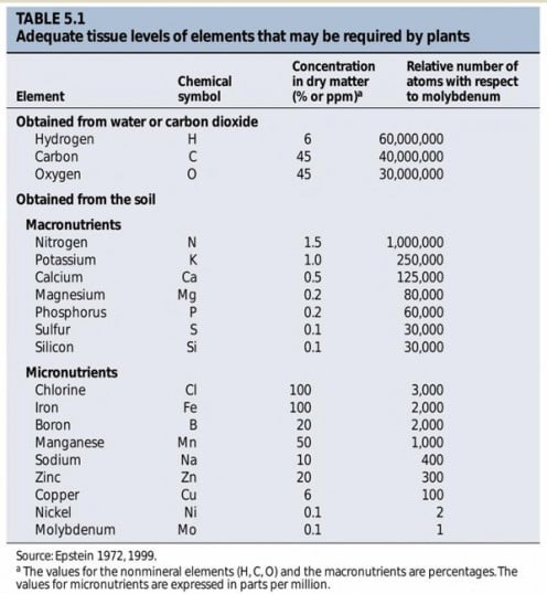 Table of plant nutrients from Epstein 1972, 1999.