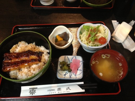  My lunch set.  Eel over rice, miso soup, pickled vegetables, salad and sweet potatoes.