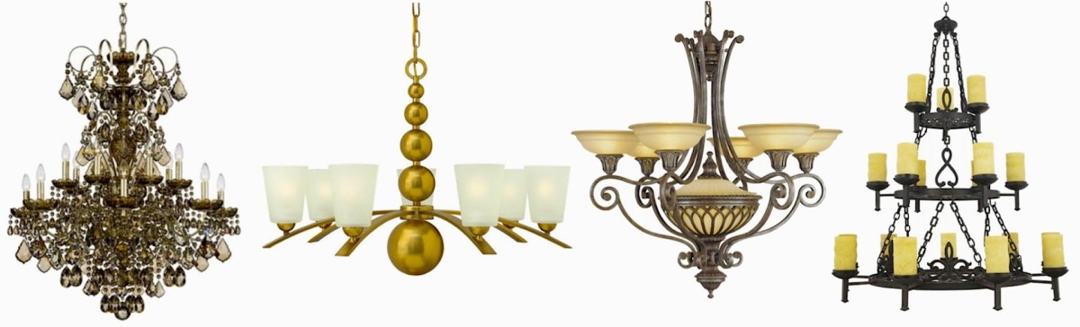 Chandeliers L to R: New Orleans 14-Light Crystal, Zelda Contemporary in Vintage Brass, Murray Feiss Stirling Castle, La Parra Tiered Spanish Gothic. Most available in different sizes, finishes, and colors. Click the info icon to learn more.