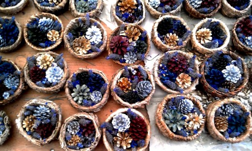 Baskets I learned to weave and pinecones I painted for our wedding: Such a sense of achievement and a refreshing distraction to work on these things when I came home each day.