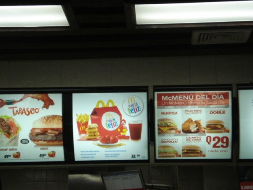 This McDonald's menu is in Spanish with the prices being shown in Q's or Quetzales, the currency of Guatemala. Mc-yD's was surprisingly GOOD in Guate! Healthier than in the USA!