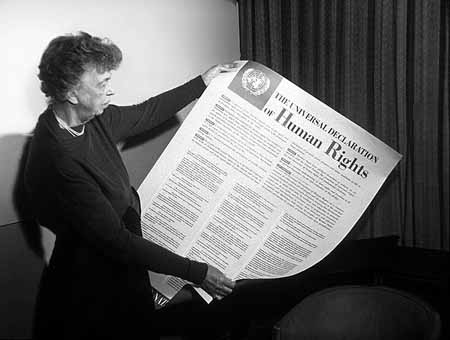 First Lady Eleanor Roosevelt with the English version of the United Nations Universal Declaration of Human Rights.