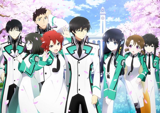 The main cast of Mahouka Koukou no Rettousei. From left to right: Mikihiko Yoshida, Mizuki Shibata, Leonhard Saijo, Tatsuya Shiba, Miyuki Shiba, Honoka Mitsui, and Shizuku Kitayama.