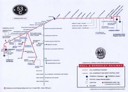Route map of the H&BR - from Cudworth, north of Barnsley and surrounding collieries to the docks at Hull. Roll on the coal! 