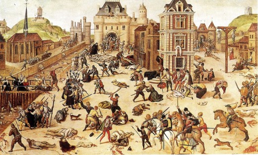 St. Bartholomew's Day Massacre when the Catholics party slaughterd almost 100,000 Huguenots across France