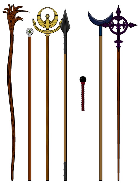 The Staffs of the Elders(from right to left):  Gem's Staff, Spec's Staff, Ben's Staff, Bell's Staff, Fir's Wand, Fid's Staff, and Reg's Staff