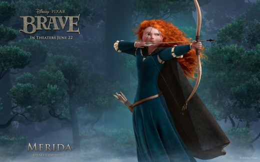 Pixar's Brave, showing the bravery of a young Princess, who breaks tradition in a medieval (Scotland) kingdom.