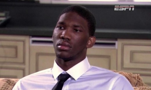 Joel Embiid reacts to being drafted by the Philadelphia 76ers 3rd overall (He was on tape delay)