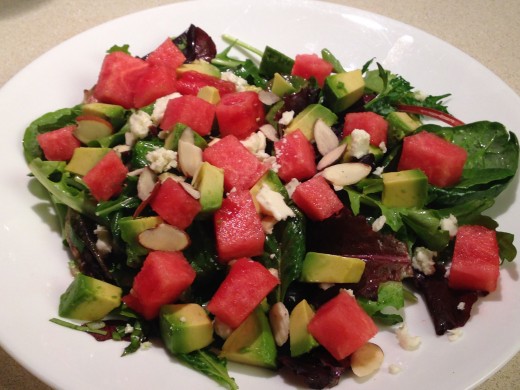 Mixed greens salad with watermelon and avocado