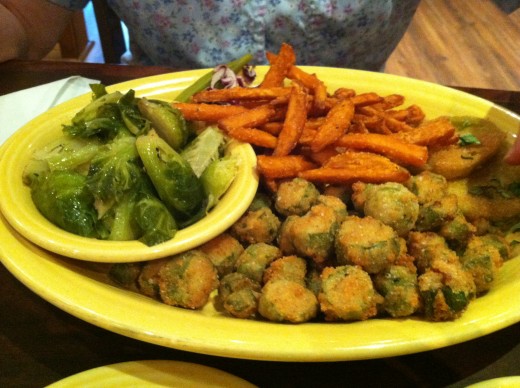 Vegetable Plate from Tupelo Honey in Ashville NC with Brussels sprouts, fried okra, fried green tomatoes, and sweet potato fries