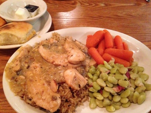 Chicken and Rice from Cracker Barrel, with baby limas and baby carrots