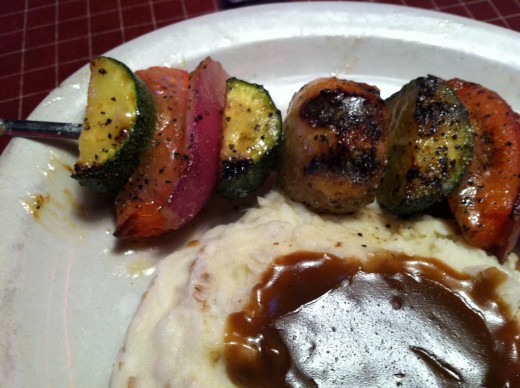 Red skinned mashed potatoes and vegetable kebab from Logan's Steakhouse