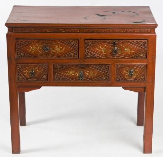 Asian Antique Table with red lacquer finish, carved details, and gold-painted highlights.