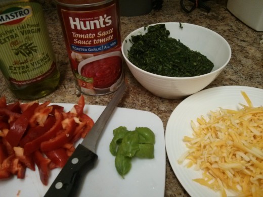 Sauce, Olive Oil, Spinach, Red Peppers, Basil, Marbled Cheese
